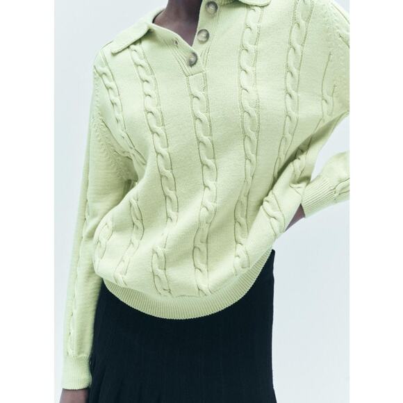 Zara CHUNKY POLO NECK SWEATER WITH BRAID CABLE PATTERN in Lime - Picture 2 of 11
